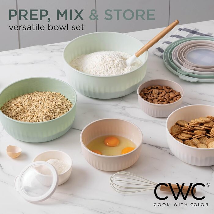 Набір мисок COOK WITH COLOR 12 шт. з кришкою, блакитно-зелений, широкі та глибокі, з можливістю складання, пластик