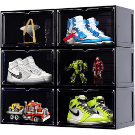 Коробка для взуття SINUOLIN, органайзер для зберігання взуття 2023, 6 упаковок, світлодіодний, прозорий пластиковий, складаний, бічний передній дисплей, складний контейнер для кросівок, підходить для взуття розміром до 12 (чорний) (коробка для взуття 6 шт.)