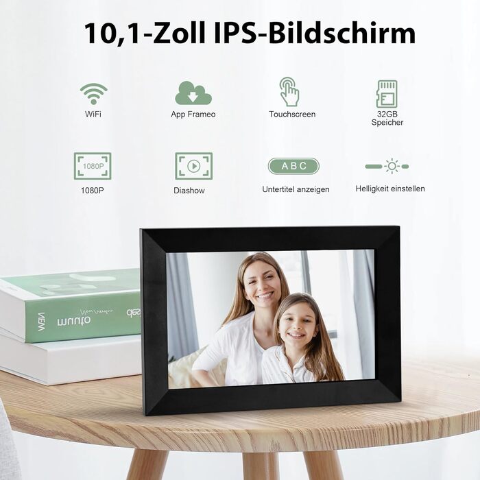 Цифровий фоторамка Veidoo 10.1 дюйма, IPS-сенсорний екран 1280x800, 32GB, для сімейних фото, з Wi-Fi, Frameo App (Чорний)