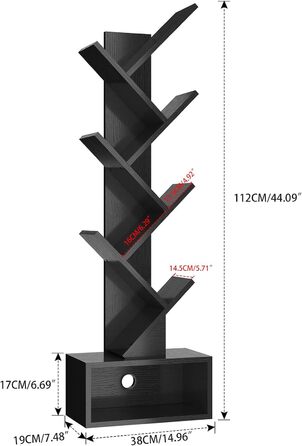 Книжкова шафа у формі дерева, 6 ярусів, стояча полиця для книг/фільмів/компакт-дисків, чорна, 112 см