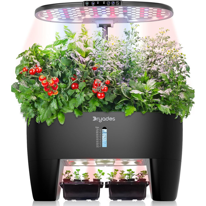 Гідропонна система вирощування: 8 горщиків, 24W LED лампа повного спектру з сигналом про нестачу води | Внутрішній сад для кухні, вітальні, школи | Подарунок для любителів садівництва (16 горщиків - Чорний)