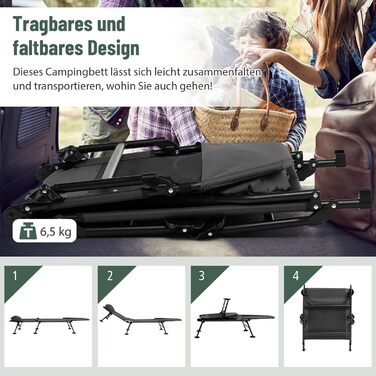 Складане ліжко для риболовлі та кемпінгу GOPLUS, посилене (до 200 кг), з регульованою спинкою (6 позицій) та спеціальними опорами для м'якого ґрунту, сіре