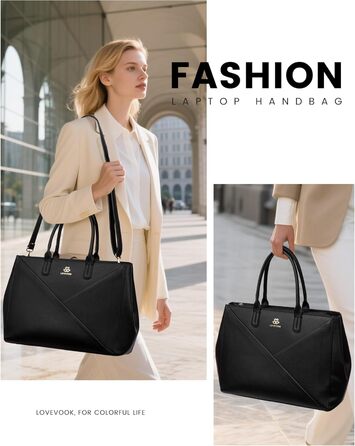 LOVEVOOK Сумка для ноутбука 15.6 дюймів, жіноча, велика, шкіряна, на плечі, для роботи, навчання, офісу, універсальна, чорна