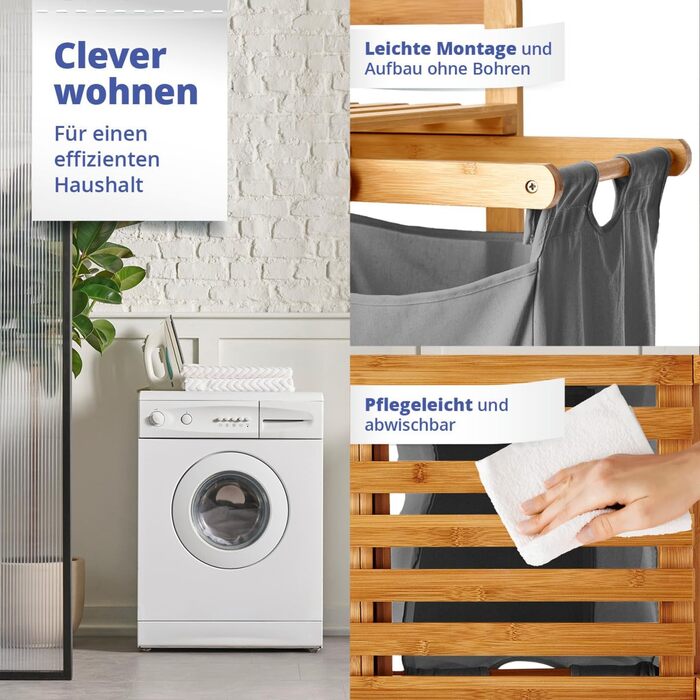 Кошик для білизни Lumaland з бамбука з 2 висувними мішками для білизни | Легкий у догляді, стійкий до вологи, легко очищується | Висота приблизно 73 см x 64 см ширина x 33 см глибина [Бежевий] 2 відділення для білизни, 2 мішки для білизни | Бежевий