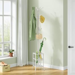 Настінна вішалка для одягу FAVOOSTY з підставкою для парасольки, 12 гачків, стійка для пальто, вішалка для одягу в вітальню, спальню, срібна (білий)