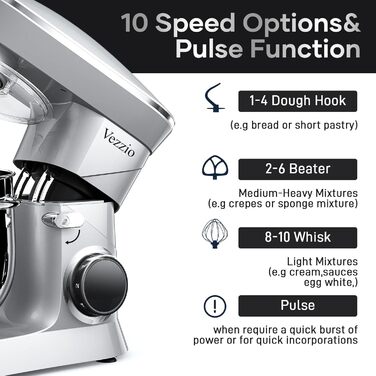 Кухонна машина Vezzio 1500W з чашею 8.5L з нержавіючої сталі: міксер, тістоміс, планетарний міксер для дому