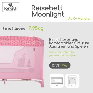 Lorelli Babybett und Laufstall Moonlight 2 в 1: дитяче ліжко та манеж для ігор, рожевий. Від народження до 15 кг, складаний, з транспортною сумкою.