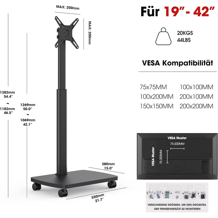 Підставка для телевізора мобільна з дерев'яною основою, поворотна, для TV 19-42 дюйми, чорна, до 20 кг, VESA 200x200 мм