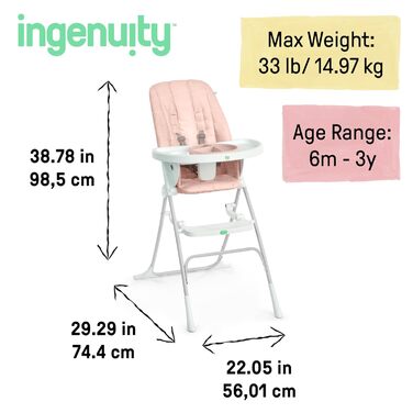 Дитячий стільчик для годування Ingenuity Sun Valley Kompakter Klapphochstuhl - рожевий, з тарілкою та 5-точковим ременем безпеки, від 6 місяців