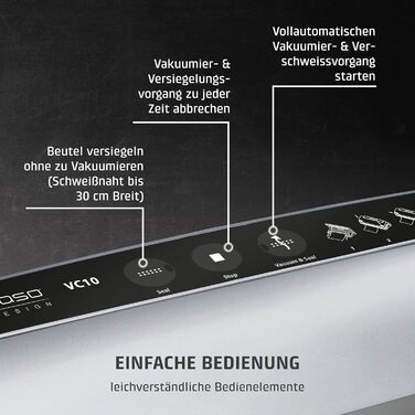 Вакууматор CASO VC10 для продуктів харчування, пристрій для вакуумування з 30 см швом та набором із 10 пакетів