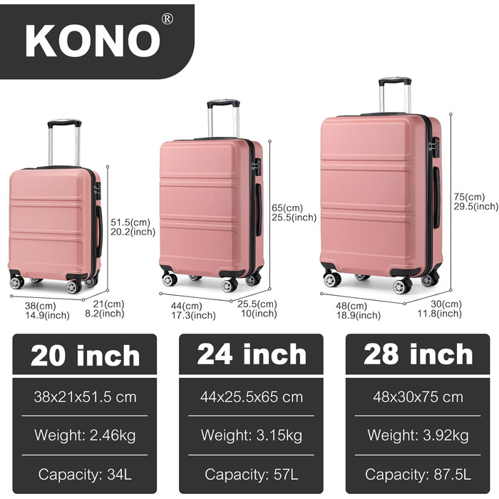 Валіза KONO 24 дюйми з TSA-замком, ABS, 4 колеса, 65×44×25.5 см, набір 3 шт.