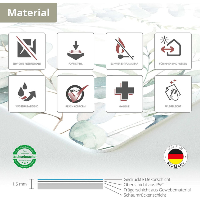 Набір килимків на стіл, 4 шт. з евкаліптовою фарбою, з вінілу (пластику), BPA-free, Made in Germany
