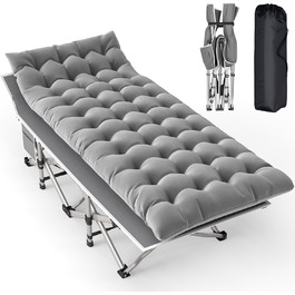 Розкладне ліжко для кемпінгу з матрацом та сумкою-переноскою, посилене (до 208 кг), XL 190x71x35 см, сіре