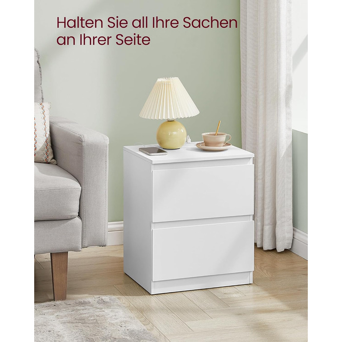 Приліжкова тумбочка VASAGLE Kailyn з розетками, 2 шухляди, 2 AC-розетки, 2 USB-A порти, для спальні, білий колір LET621W02