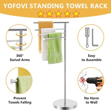 Підлоговий тримач для рушників YOFOVI, срібляний, з 4 поворотними руками, нержавіюча сталь, 101,6 см