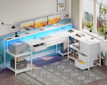 Ігровий стіл Coleshome з 7 висувними ящиками та великим об'ємом зберігання, кутовий стіл з RGB LED, зворотний кутовий стіл у формі L з 2 розетками, ідеальний для офісу та ігор, 179.5×135.5 см, білий