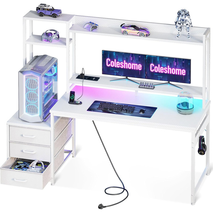 Ігровий стіл Coleshome з полицею та шухлядами, 137x48 см. Стіл для геймінгу з LED-підсвічуванням, розеткою, місцями для зберігання та підставкою для монітора. Колір: карбонове волокно.