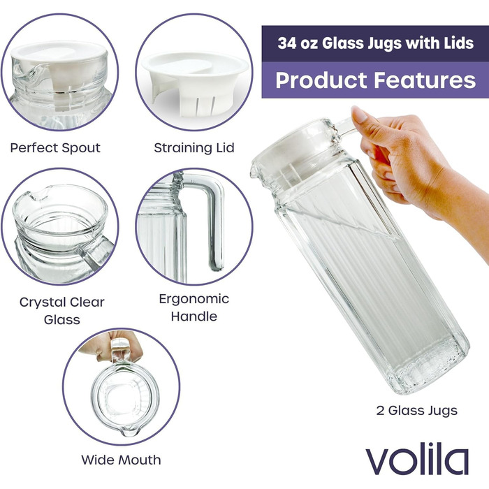 Скляний глечик для холодильника 1л з кришкою (2 шт.) – набір скляних глечиків з рифленим дизайном та ручкою для холодильника та щоденного використання з вентильованим носиком, 2 шт.