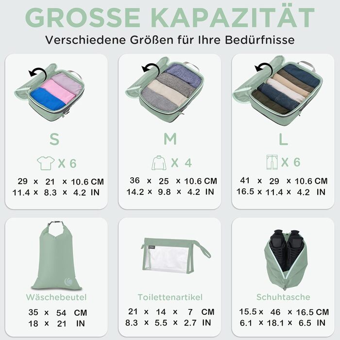 Набір компресійних органайзерів для одягу та валізи Cipway, ультралегкі пакувальні куби для подорожей та рюкзака, 8 шт, шавлієво-зелений