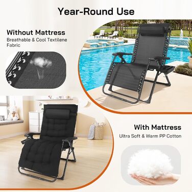 Шезлонг для відпочинку, розкладний, широке сидіння 72 см, для саду, патіо, пляжу, басейну, з подушкою, витримує до 200 кг
