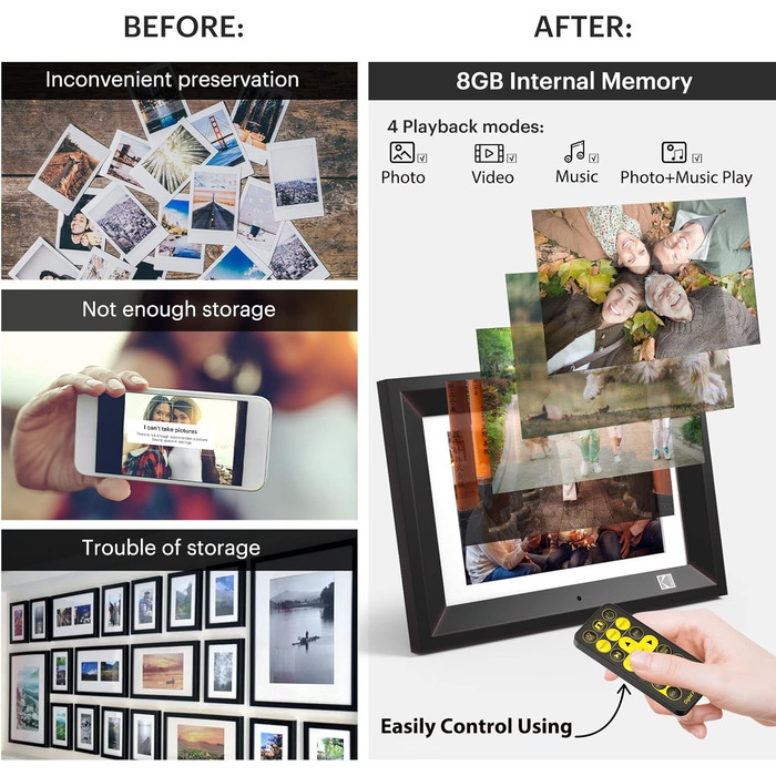 Цифровий фоторамка Kodak 10 дюймів з акумулятором, Wi-Fi, 32 ГБ, HD IPS сенсорний екран, фото/відео/музика, керування через додаток (Чорний)