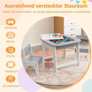 Дитячий стіл DREAMADE з 2 стільцями: комплект меблів для дитячої кімнати з двосторонньою стільницею та місцем для зберігання, 3-ох частинний набір для дітей від 3 років, підходить для дитячих кімнат та садочків (натуральний+білий) (сірий+білий)