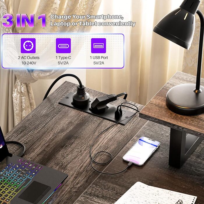 Кутовий ігровий стіл L-подібний з LED-підсвіткою та розетками, комп'ютерний стіл з полицями, обертовий, з підставкою для монітора, 120 x 70 см, дуб Грау Ейх