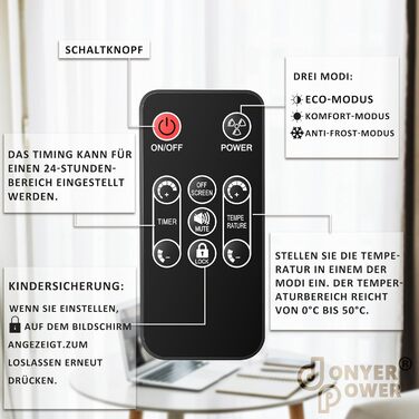 Конвектор DONYER POWER 2500W з Wi-Fi, таймером та пультом керування, чорний, з склопанеллю, для дому та офісу