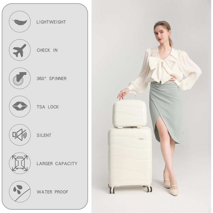 Валіза-тележка KONO, велика, легка, з жорстким корпусом, TSA-замок, 4 колеса (біла, XL)