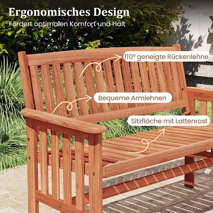 Гарнітура лавки для саду COSTWAY, дерев'яна лавка для балкону та тераси, 2 місця, з підлокітниками, 119 x 59,5 x 89 см
