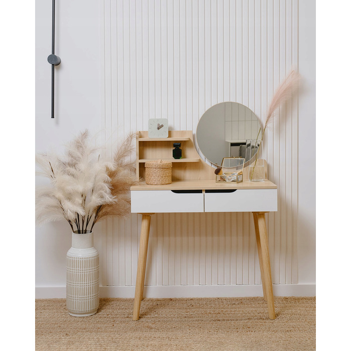 Туалетний столик Jumi, світлий дуб, з дзеркалом та 2 шухлядами, матовий, 80x122x40 см