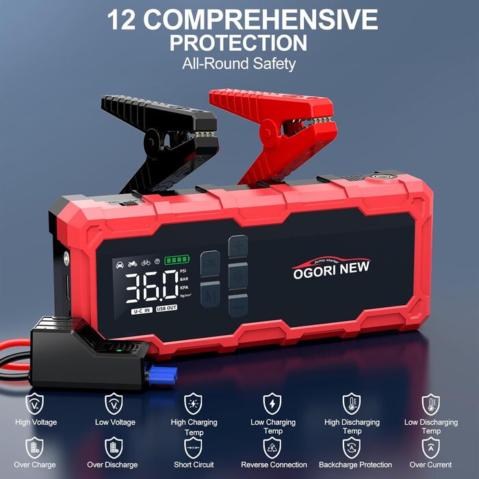 Powerbank для автомобіля Starthilfe з компресором та LED-ліхтариком, 6000A, 12V, для 8L бензину/10L дизеля