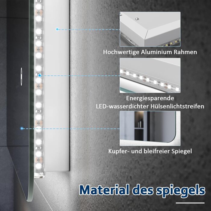 LED дзеркало для ванної кімнати з підсвічуванням 50x80 см, 3 колірні температури, IP44, тип F