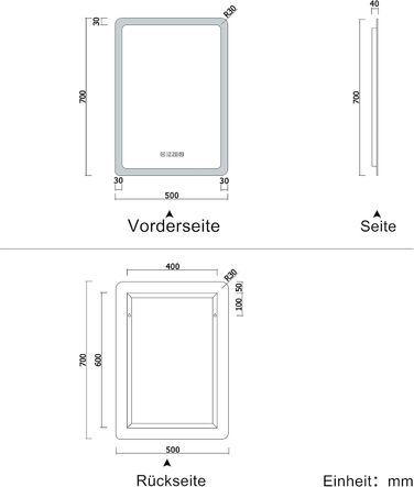 Дзеркало для ванної кімнати Aica з LED-підсвічуванням 50x70 см, годинник, сенсорне управління, запобігання запотіванню, IP44, холодне біле світло, енергозбереження