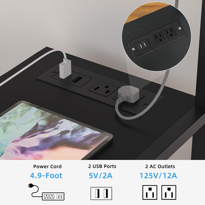 Підставка для принтера Lerliuo з зарядною станцією та USB-портами, велика мобільна 3-ярусна підставка для принтера з полицями, чорна промислова підставка для принтера на колесах з фіксуючими гальмами для дому