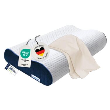 Ортопедична подушка для шиї з піною Memory Foam - регульована висота, знімає напругу голови та шиї, проти болю в шиї, 60x30 см, з чохлом середньої жорсткості (бежева)