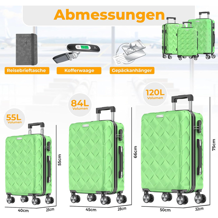 Набір валіз KESSER® 3 шт. | ABS валізи з кодовим замком, ваговою шалькою та органайзером для документів, 360° колеса | Ручна поклажа та великі валізи для подорожей та бізнесу (Apple Green)