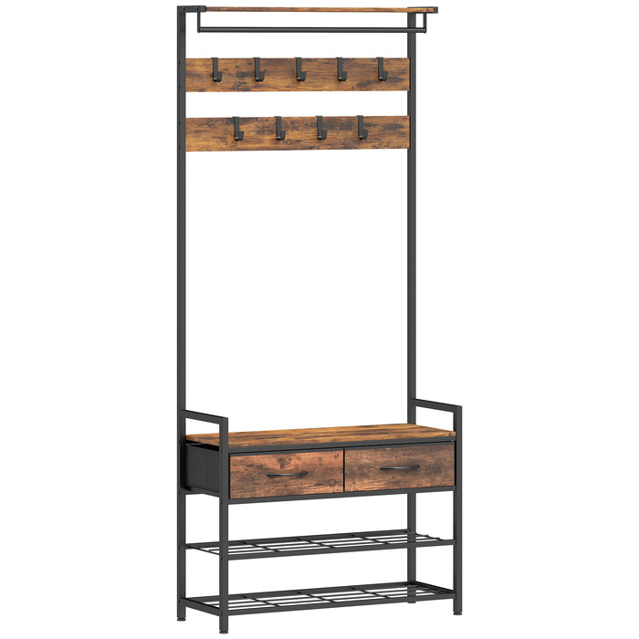 Вішалка для одягу з гачками, лавка для взуття, індустріальний органайзер для передпокою, сталевий каркас, рустикально-коричневий
