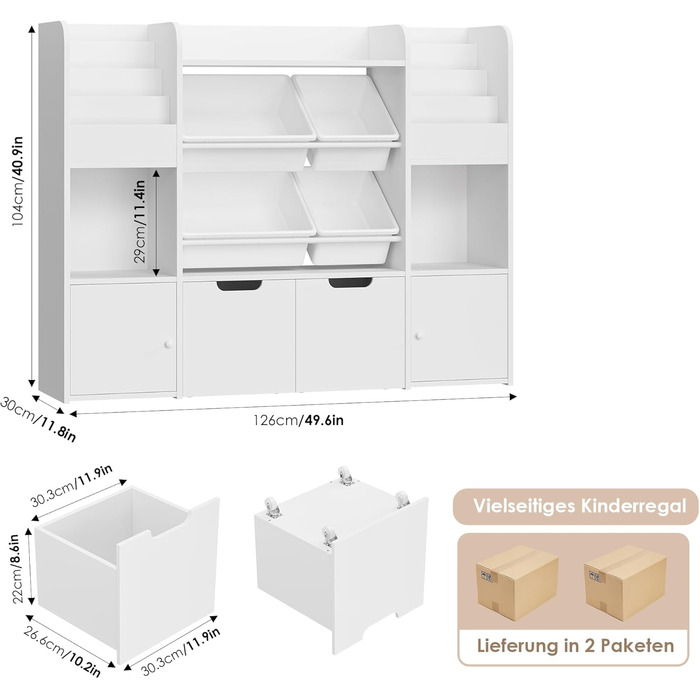 FOREHILL Дитяча полиця для іграшок та книжок, меблі для дитячої кімнати, полиця для дитячої з 2 ящиками на колесах, шафка для дитячих речей з 4 ящиками, 126x30x104 см (Білий/Рожевий)