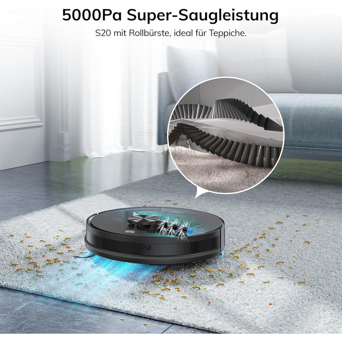 Робот-пилосос з функцією миття підлоги, автоматична станція самоочищення, лазерна навігація, зони заборони, 5000Pa, 5*2.5L мішки для пилу, 180 хвилин роботи, керування через додаток, для твердих підлог, килимів та шерсті тварин, S20