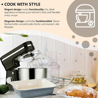 Кухонна машина Retoo 3-в-1 з нержавіючою чашею 6 л, 2000 Вт, 6 швидкостей, планетарний міксер, вінчик, гак для тіста, захист від бризок