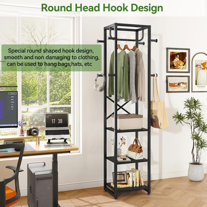 Підставка для одягу IBUYKE, вішалка для одягу з 3 полицями та 8 гачками, індустріальна вішалка для передпокою, коридору, спальні, природа та білий, TMJ088R, Природний та Білий (180 x 40 x 30 см, Чорний)