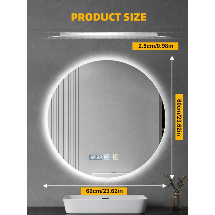 Дзеркало для ванної кімнати 600мм з підсвічуванням, регульоване, з антизапарюванням, таймером, IP44, кругле