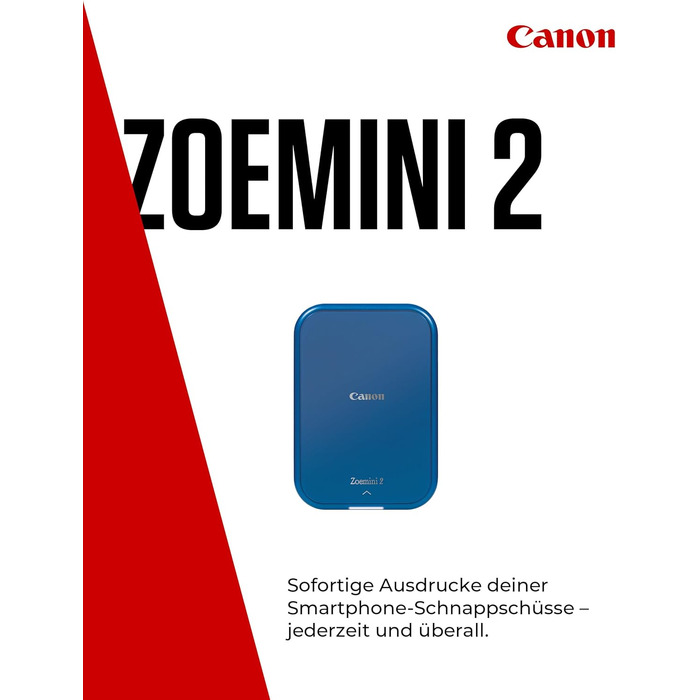 Canon Zoemini 2 Marineblau: Міні-принтер для фотографій, мобільний, компактний, з вбудованим акумулятором. Друкує фото 5x7,6 см зі смартфону/планшету. У комплекті: 20 шт. Zink паперу та 10 шт. круглих наліпок.
