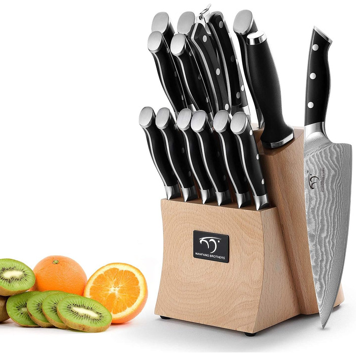 Набір кухонних ножів Дамаск з дерев'яним блоком, професійний набір ножів для кухні, VG10 сталь, 67 шарів, преміум якість