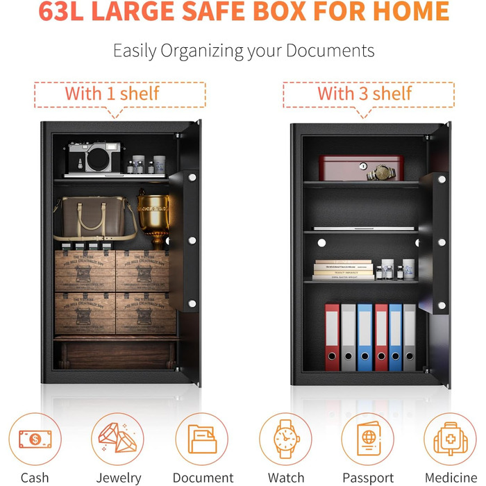 Safe Tresor з ключем WASJOYE: великий настінний сейф для грошей, ювелірних виробів, документів (45x35x31см, 67л)