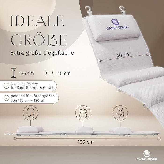 Подушка для ванни Omniverse Ganzkörper 125×40 см, для зросту 160–180 см, для гладких поверхонь, швидковисихаюча, для чутливої шкіри, біла
