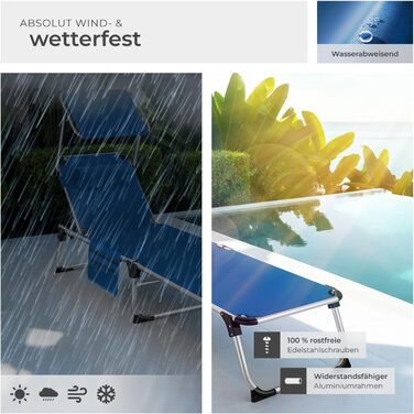 Шезлонг Tectake з дахом, шезлонг для балкона з алюмінію, складаний садовий шезлонг, стійкий до погодних умов, лежак для саду, кемпінгу та пляжу, регульована спинка, подушка для голови, бічна кишеня - сірий меланж (блакитний)