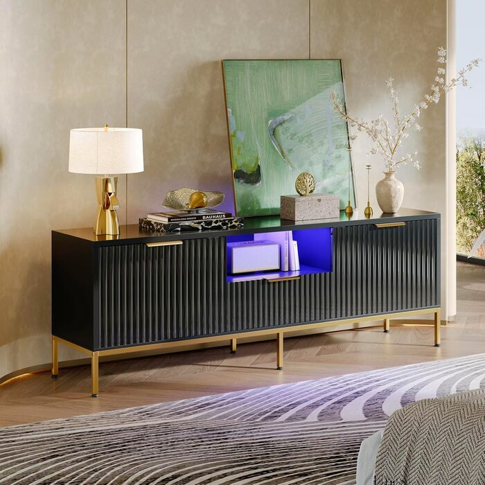 Тумба під ТВ Bestier для телевізора 55/60 дюймів, глянцево-чорна: сучасна медіа-консоль з полицями для вітальні та спальні