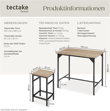 Набір барного столу Tectake® 3-в-1: стіл + 2 барні стільці в індустріальному стилі. Ідеально для кавобару, кухні або вітальні. Матеріал: світле дерево, колір: Еiche Sonoma.